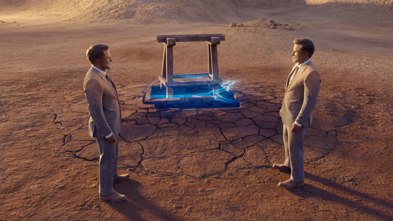 Two men in suits facing each other in a desert with glowing blue energy lines