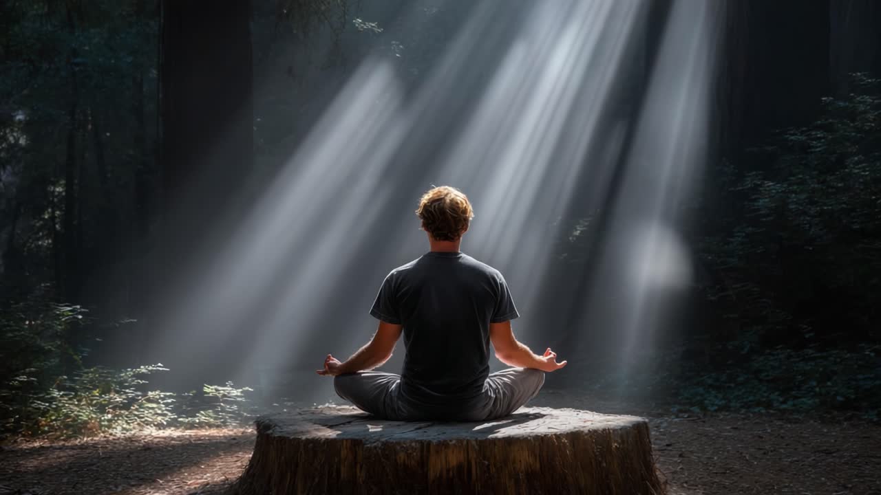 A Serene Moment of Meditation in Nature with Rays of Light Illuminating the Peaceful Atmosphere and a Person Embracing Mindfulness on a Stump