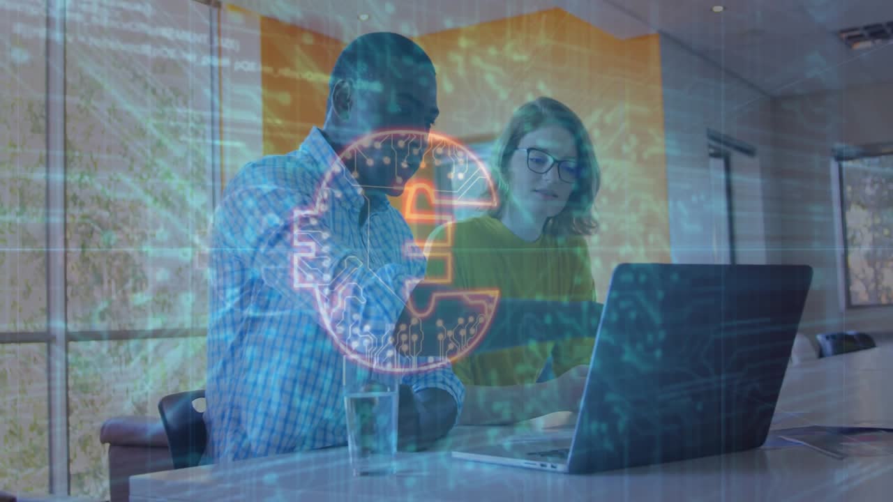 colleagues collaborating over laptop analyzing cybersecurity data streams with glowing padlock