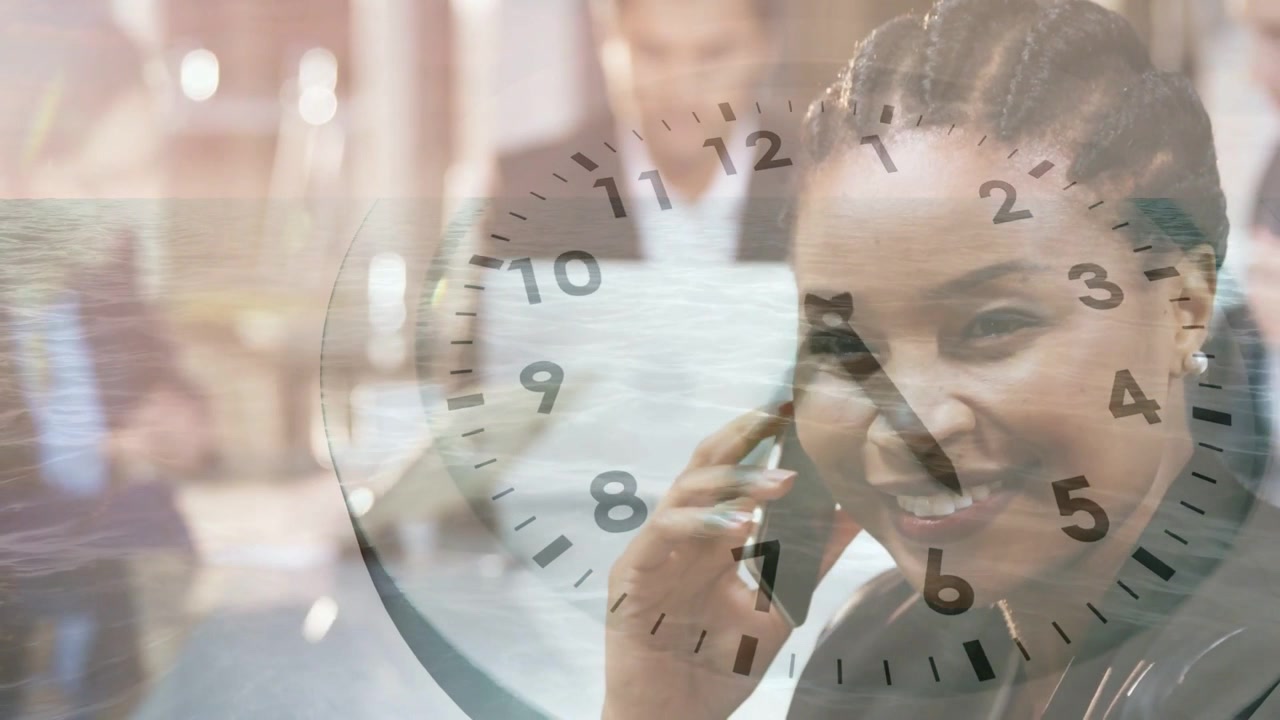 Woman answering call on phone in business office, clock overlay showing time passing for team