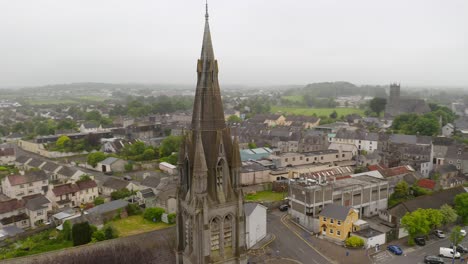 Saint-Michael's-Church-in-Ballinasloe-Galway-aerial-orbit-on-foggy-day