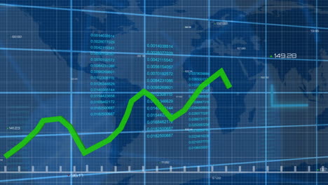 animation of financial data processing over world map on blue background