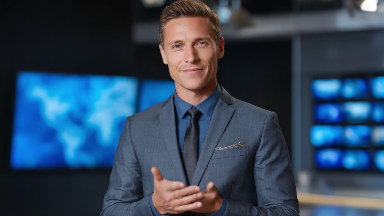 A Confident Male Presenter Delivers a News Report with Engaging Gestures in a Professional Studio Environment Featuring Background Screens and a Modern Aesthetic