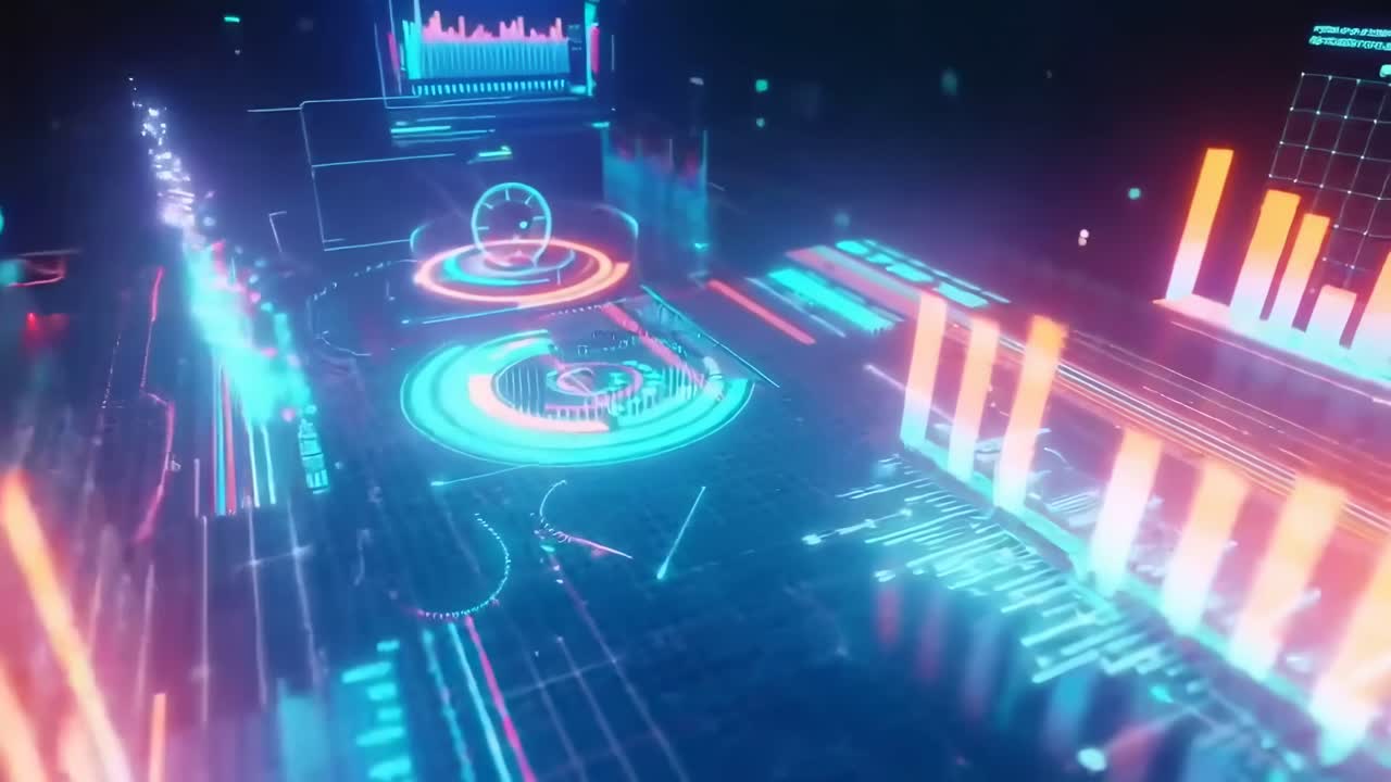 Futuristic video with neon data visuals, angled from above, showcasing digital analytics