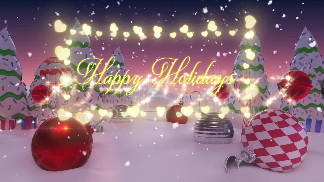 Glowing lights with festive Happy Holidays text over snowy Christmas animation scene