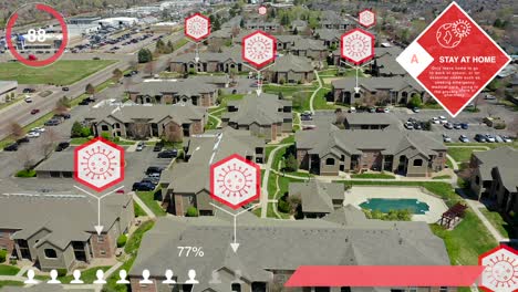 vista aérea con gráficos en movimiento que muestra una cuarentena de apartamento hipotética