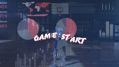 animation of game start and financial graphs over african american male basketball player