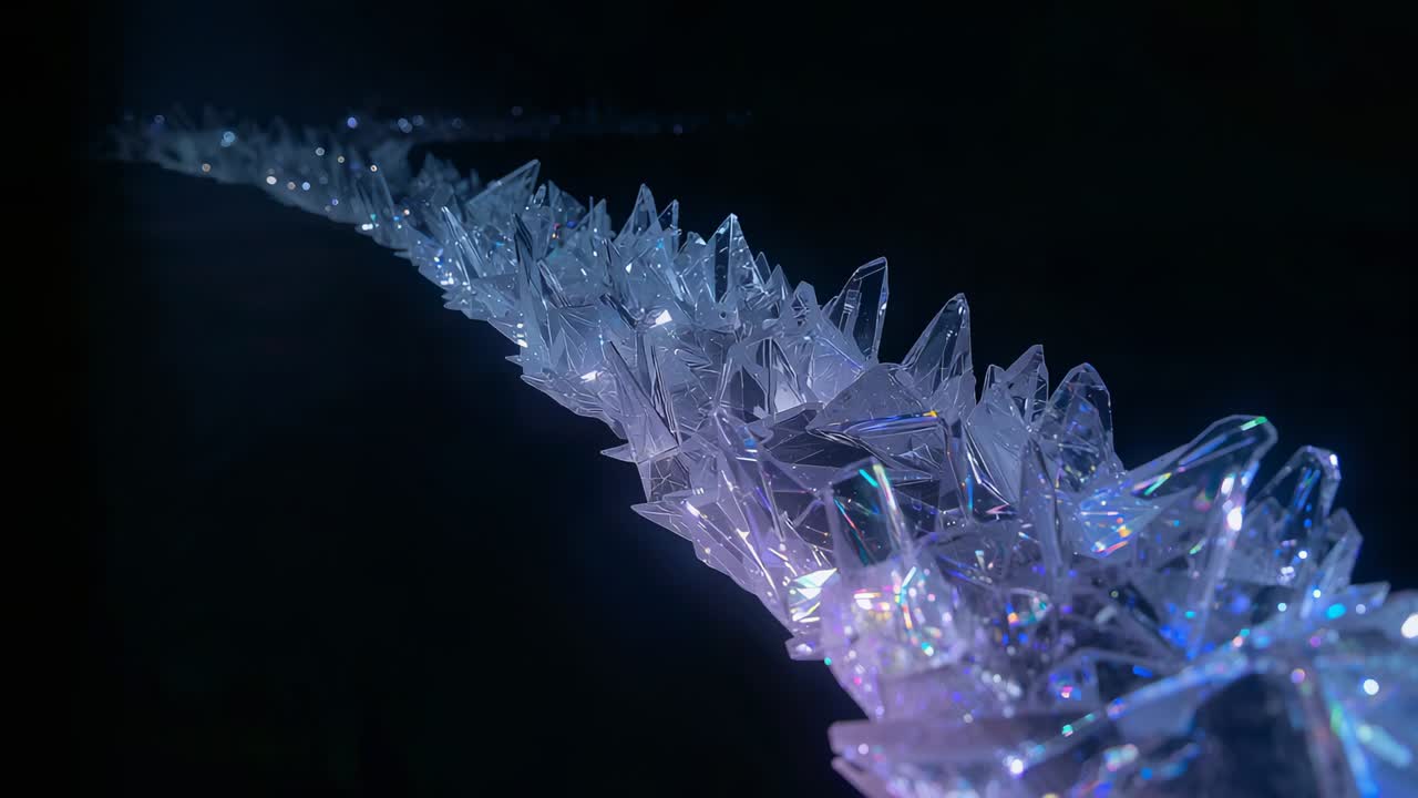 Moving camera revealing crystalline ridge in studio to reveal prismatic facets and bluish tints