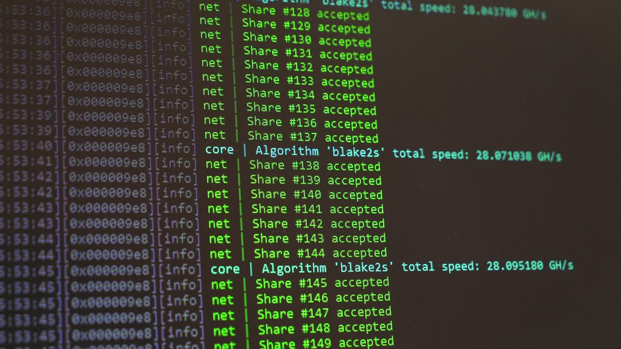 Concept of mining bitcoins. Crypto farm. Flow of information strings and data. Binary code