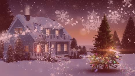 manchas de luz, estrellas fugaz y copos de nieve cayendo contra el árbol de navidad y la casa