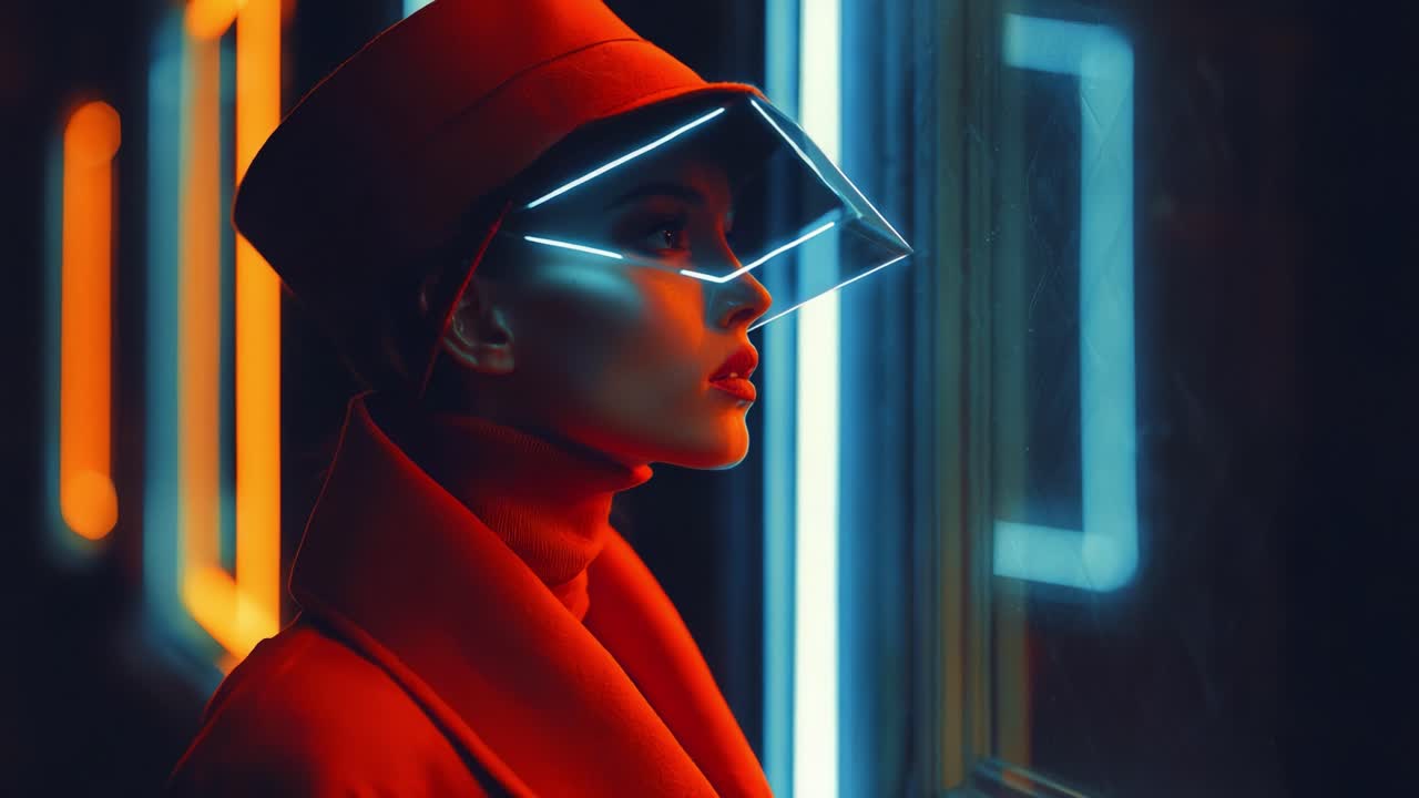 A stylish figure in a vivid urban environment, showcases an innovative visor and striking colors, blending fashion and futuristic design elements reminiscent of modern aesthetics