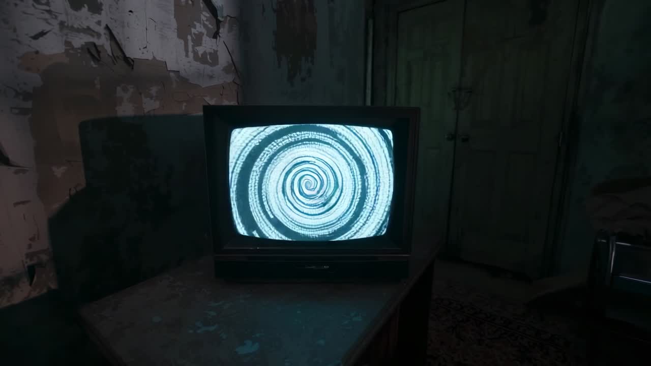 Powering on CRT television on wooden cabinet forming spiral pattern inside aged room, glowing light