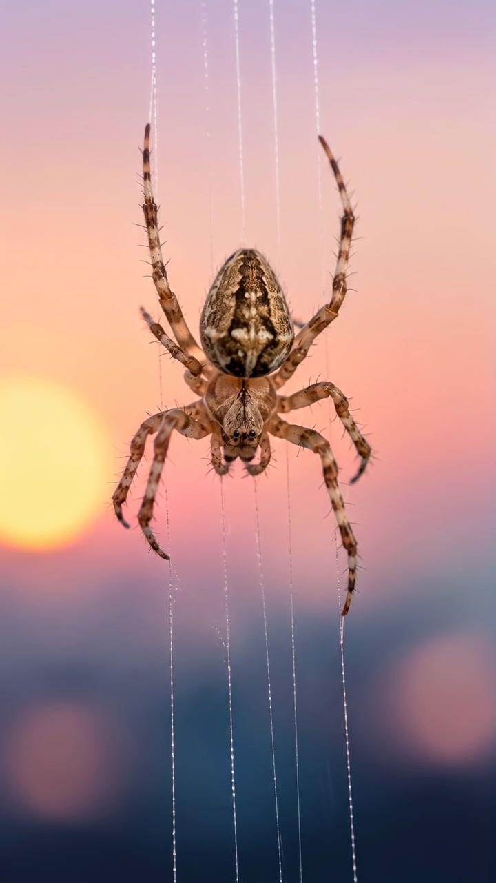 Primo piano di un ragno marrone a motivi sospeso su diversi fili di seta verticali, che mostra un leggero movimento delle zampe, toni caldi del tramonto, sfocatura morbida dello sfondo e delicato dettaglio naturale