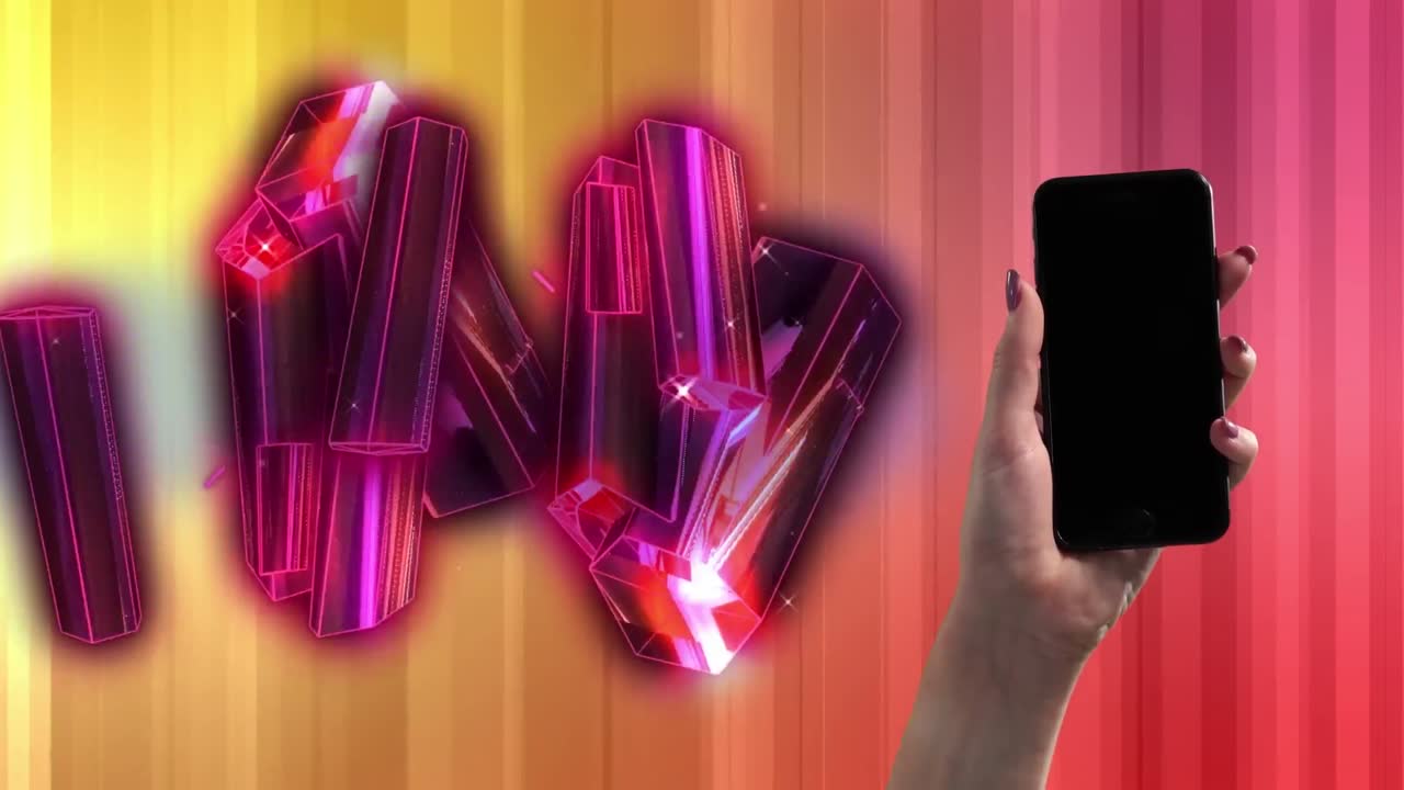 animación de diamantes que se mueven sobre un fondo colorido y un teléfono inteligente en la mano con espacio de copia