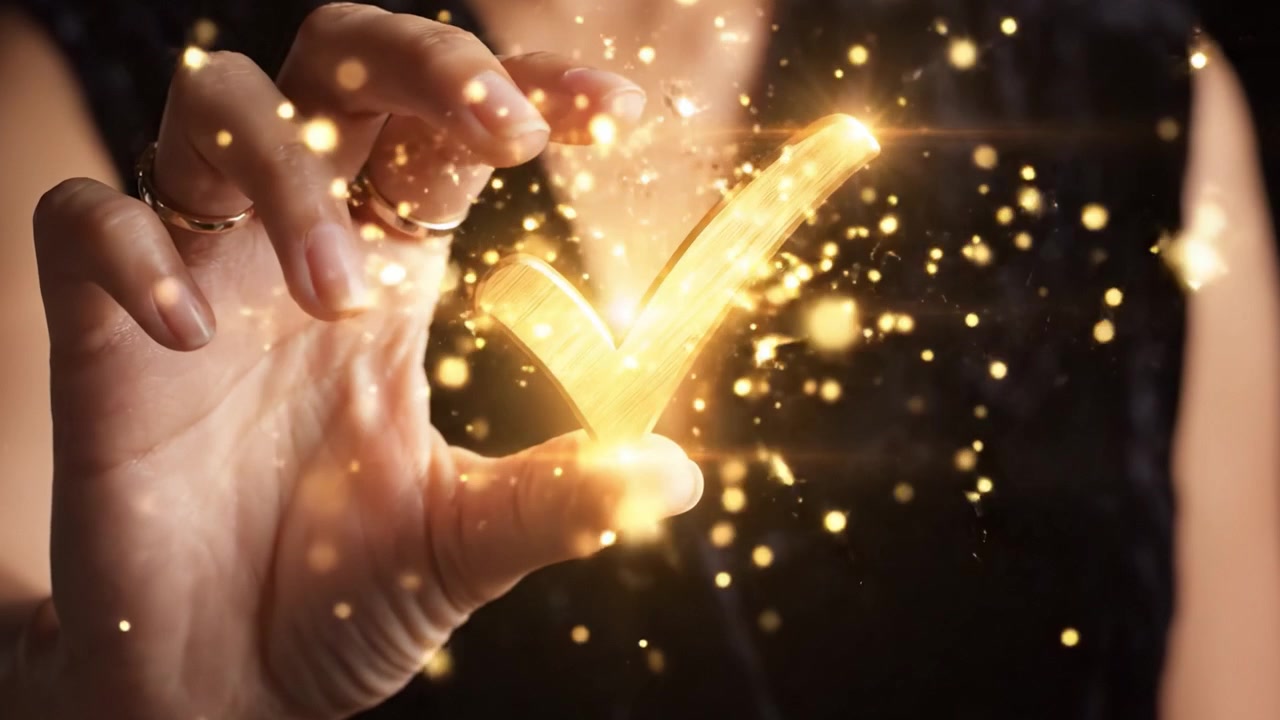 Una spunta dorata scintillante tenuta in mano, che simboleggia il raggiungimento e l'approvazione, catturando perfettamente l'essenza del successo e del riconoscimento.