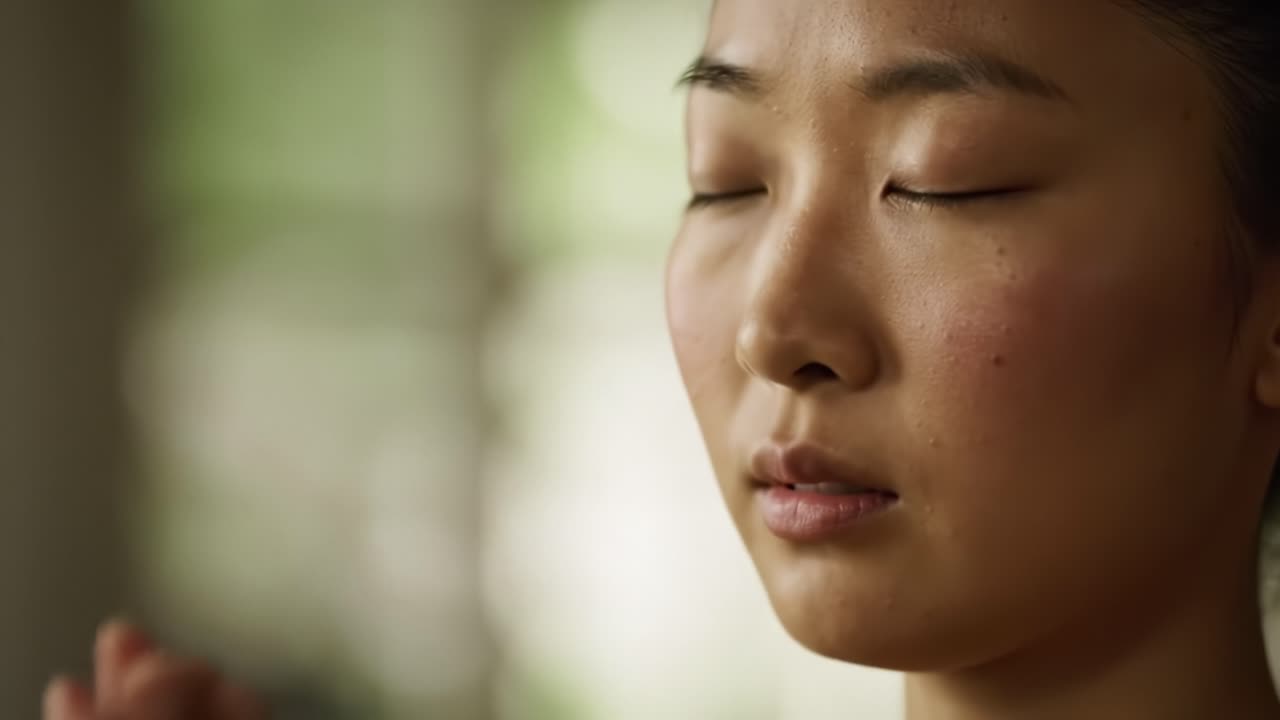 A Tranquil Moment of Reflection: A Young Individual Engages in Meditation with Eyes Closed and Hands Together, Emanating Calmness and Inner Peace