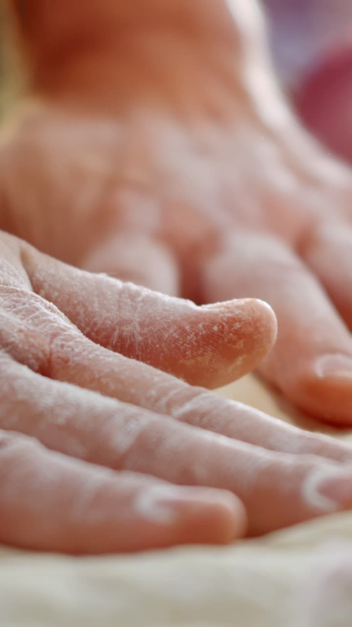 Hands preparing dough with flour