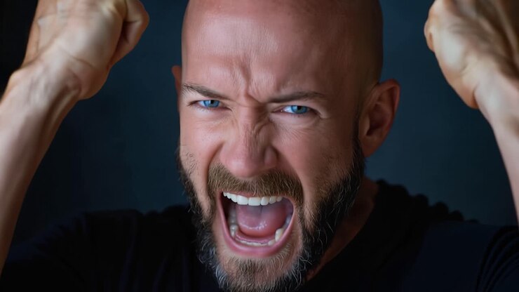 Colère et frustration intenses exprimées dans un portrait en gros plan d'un homme barbu, montrant l'émotion à travers des cris et des poings serrés.