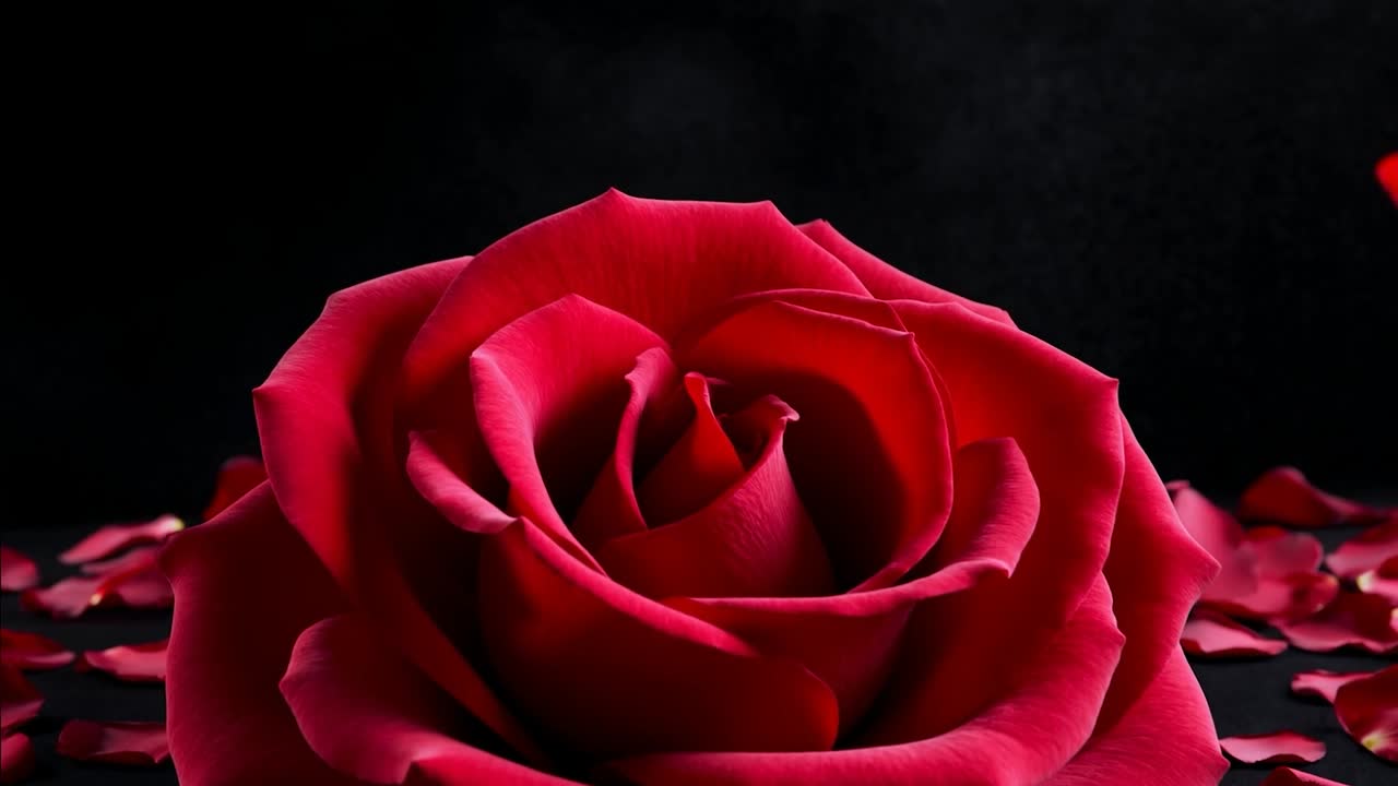 Petali di rosa rossa che cadono rivelando un singolo grande fiore su una superficie piatta nera, con illuminazione da studio