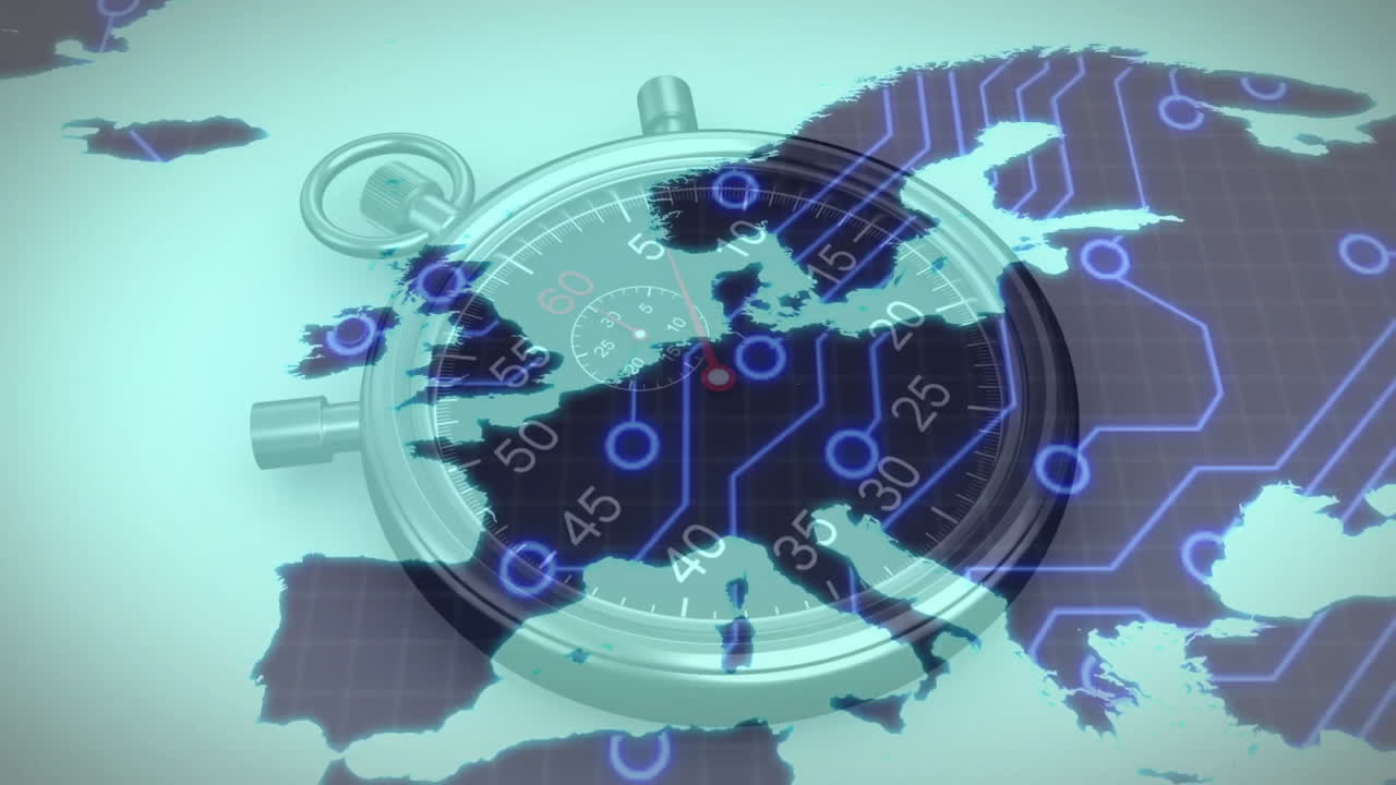 Overlaying digital map of Europe, stopwatch with circuit patterns in animation style