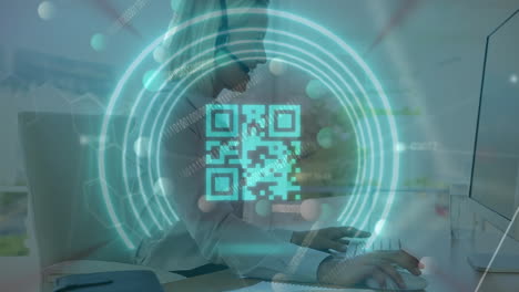 Animation of qr code and binary coding over caucasian businesswoman using phone headset in office