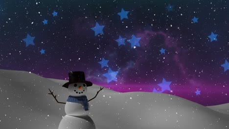 Animation-of-snowman-in-winter-scenery-over-night-sky