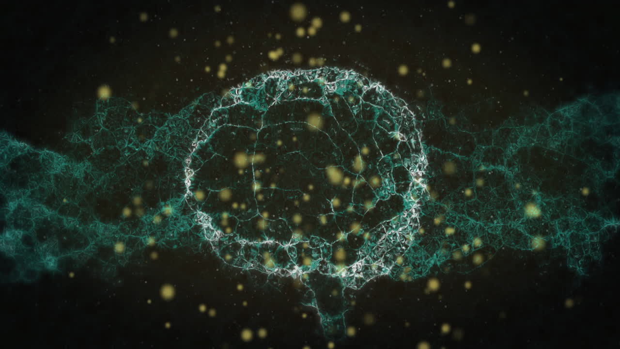 인간의 뇌 위에 떠다니는 노란색 반점의 애니메이션, 검은색 배경에 디지털 파동