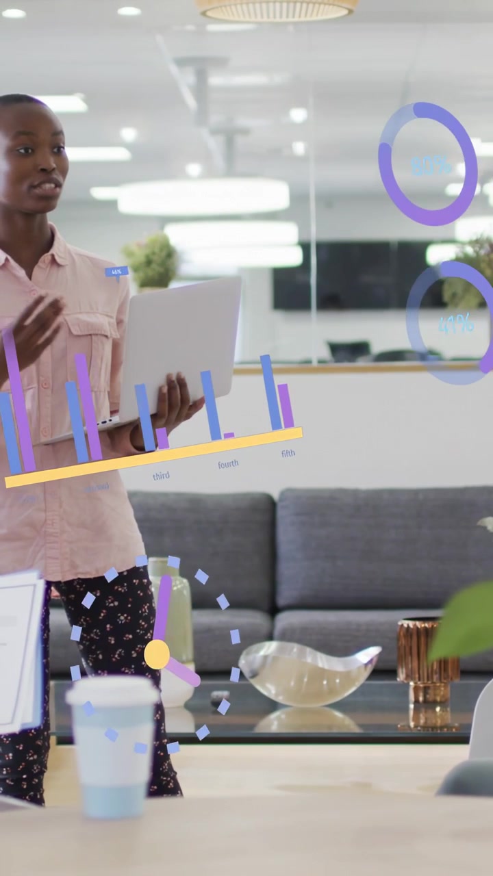 Vertical video: Woman holding laptop, gesturing, initiating animated charts moving for business use