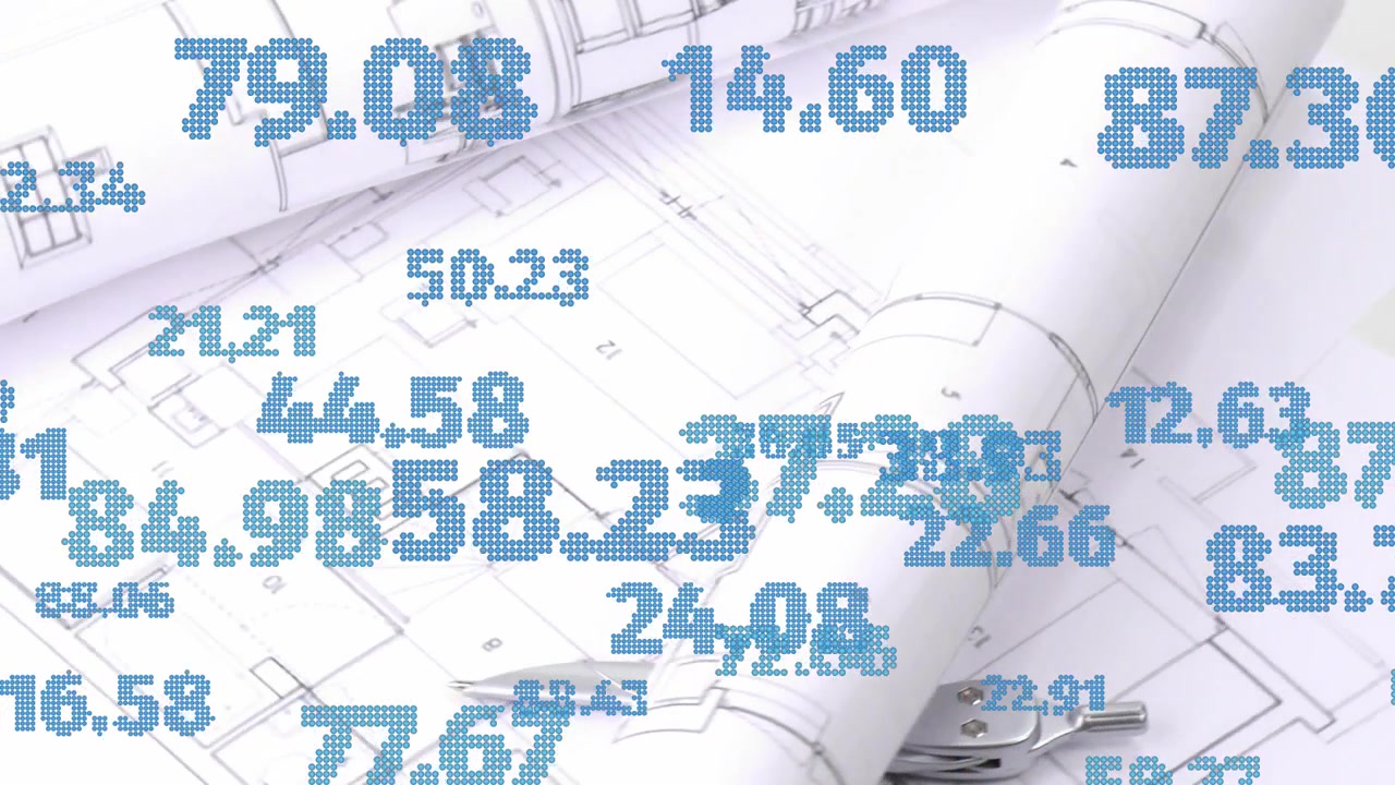 Rolled blueprints with numeric overlay appearing drifting revealing plans, pencil to inform design