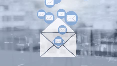 animation of email envelope icons over cityscape