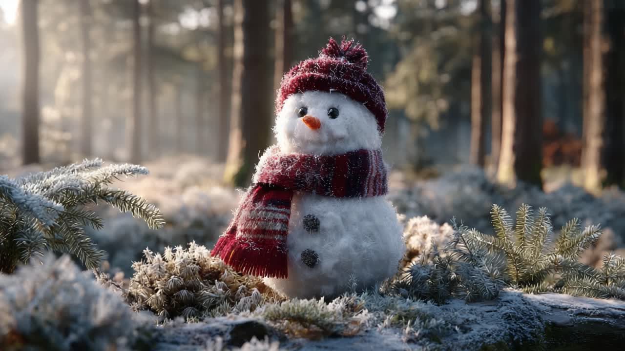 Charming Winter Scene Featuring a Snowman Dressed in a Cozy Scarf and Hat Surrounded by Frosty Forest Landscape at Dusk