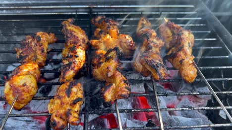 tandoori chicken kebabs cooking over hot coals