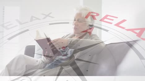 Relax-text-on-a-spinning-compass-against-african-american-senior-woman-reading-a-book