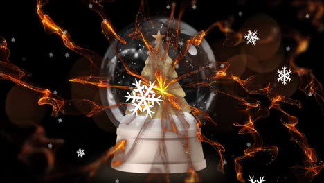 snowflakes floating and shooting star around christmas tree in a snow globe against black background