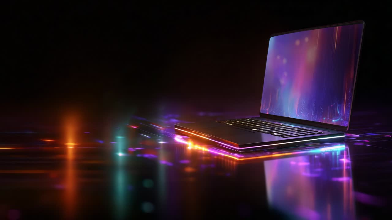 A Stunning Leap into the Future of Technology: This Captivating Video Features a Laptop That Showcases Brilliant Visual Effects, Illuminated Design, and Aesthetic Circuit Patterns, Making it a Standout Representation of Modern Innovation