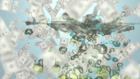 Animation-of-falling-pills-into-water-over-floating-banknotes-on-the-light-background