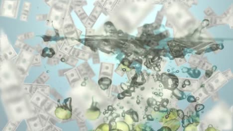 animación de pastillas que caen en el agua sobre billetes flotantes sobre el fondo claro