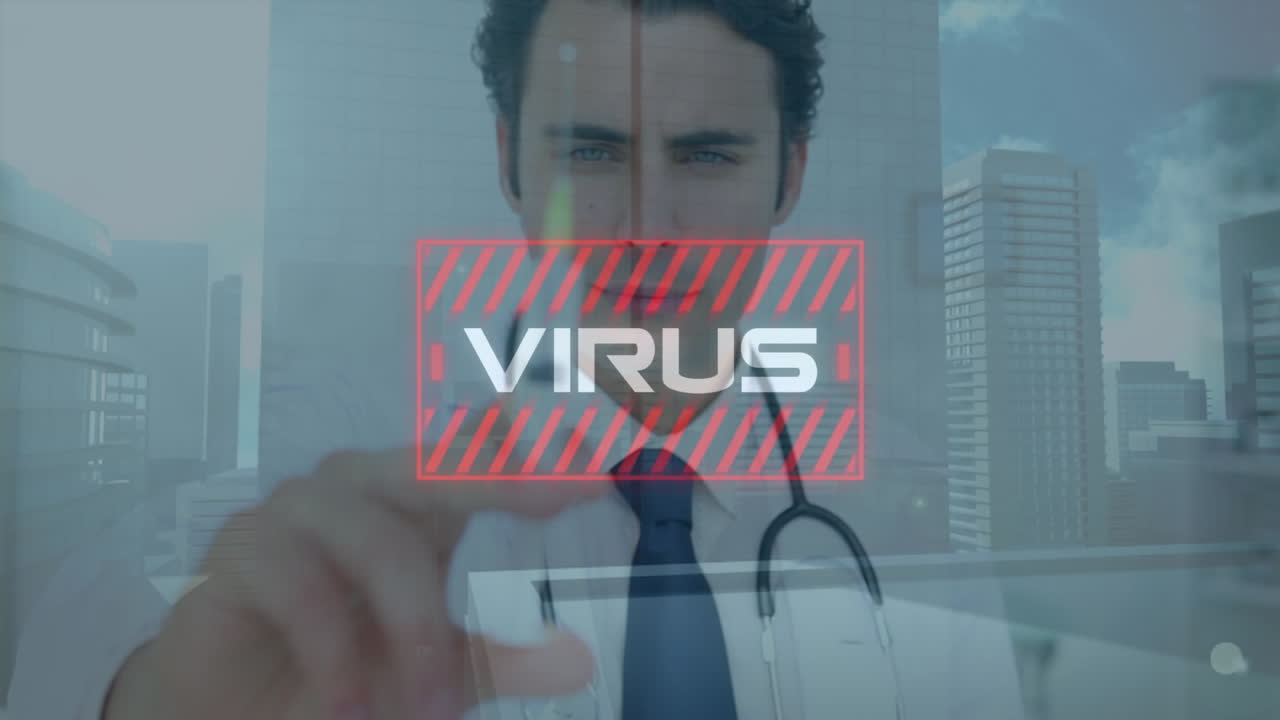 animación del procesamiento de datos del virus de la covid 19 sobre un médico masculino