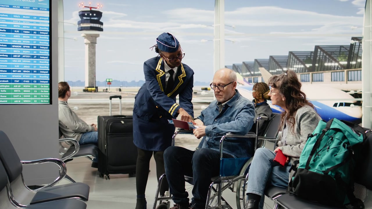 Flight attendant helping man wheelchair user at terminal gate
