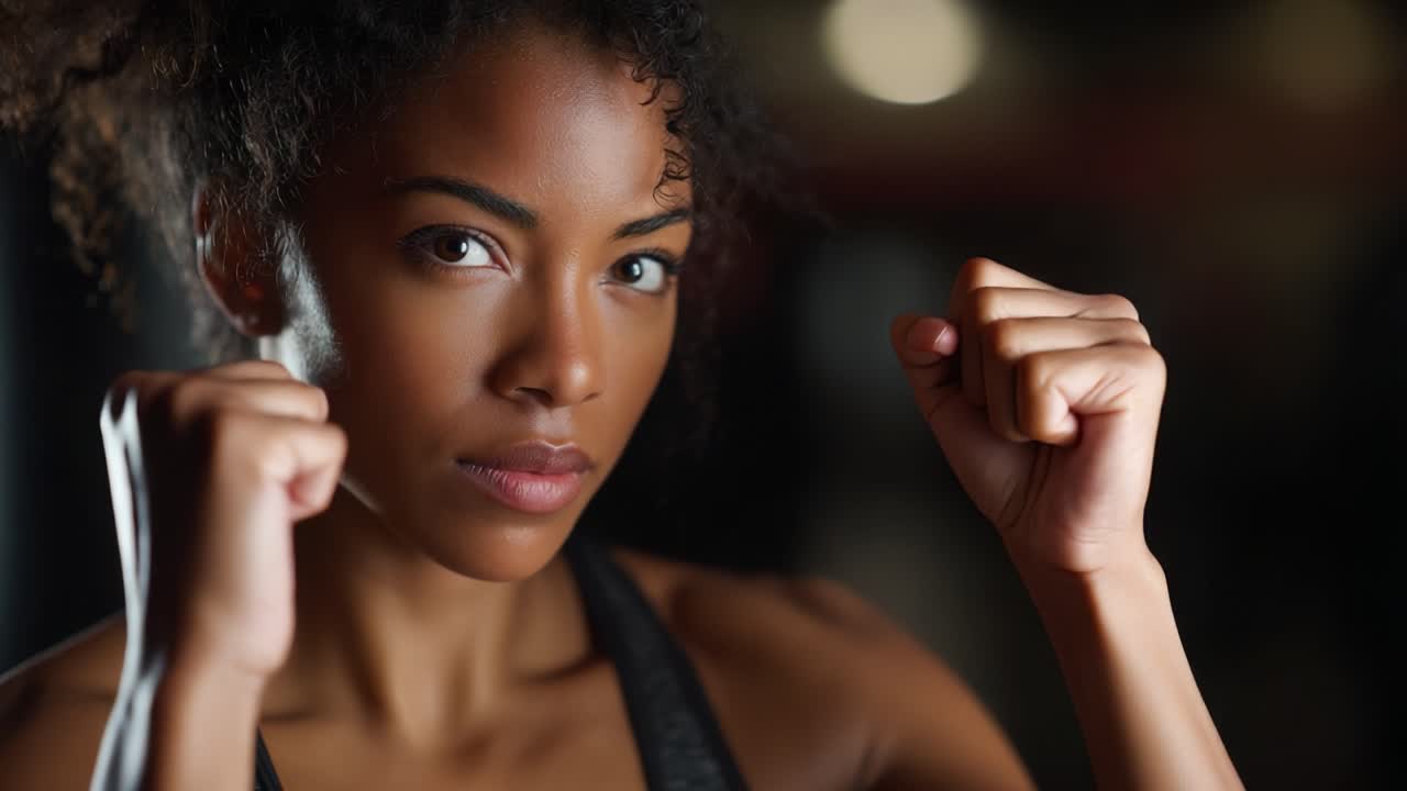 A determined female martial artist prepares for action with a focused gaze and clenched fists, embodying strength, resilience, and readiness for the challenge ahead