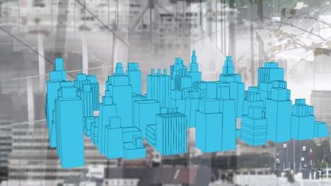 animation of 3d city drawing spinning over cityscape