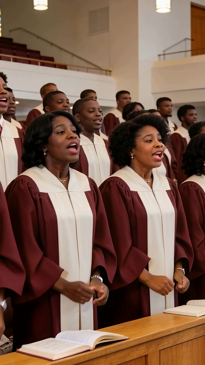 Vertical video: Cueing maroon-robed choir raising singing with hymnals open for worship in church