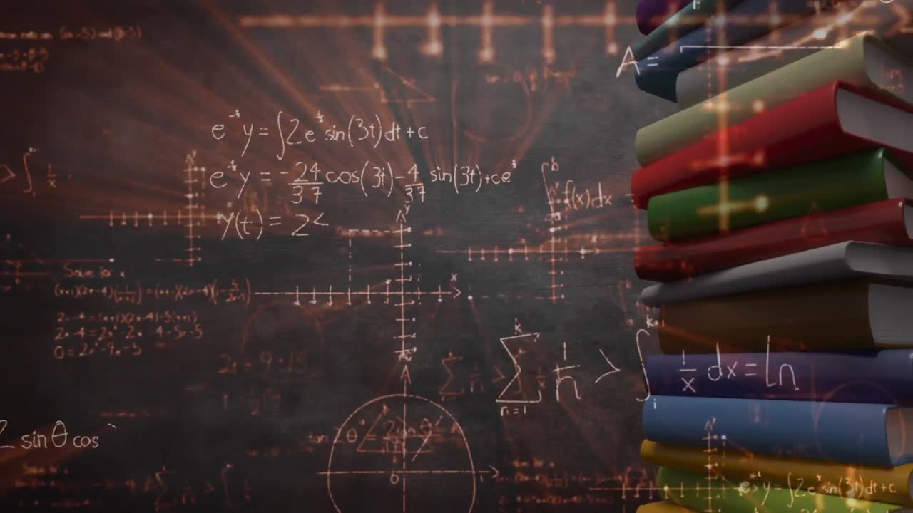 Math equations and spinning books on side screen