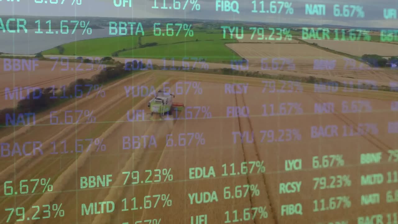 Animation af finansiel databehandling over en mejetærsker på en landbrugsmark.