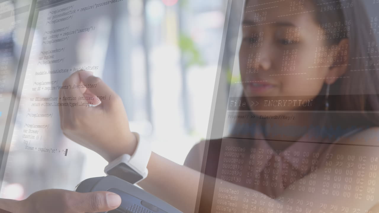 Computer data processing against asian woman making payment using smartwatch