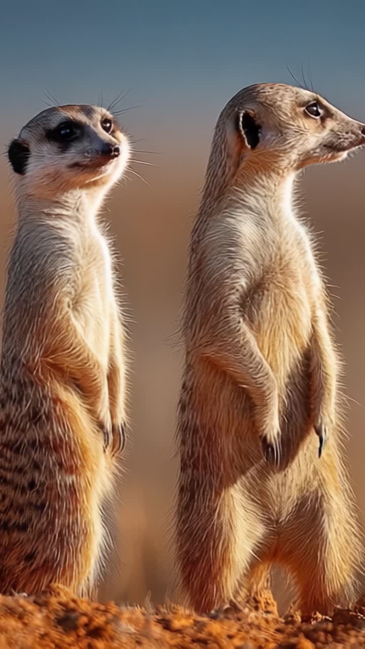 Two Alert Meerkats Standing Guard in Their Natural Habitat, Showcasing Their Unique Posture and Social Behavior in the Wild, Captured in Stunning Detail