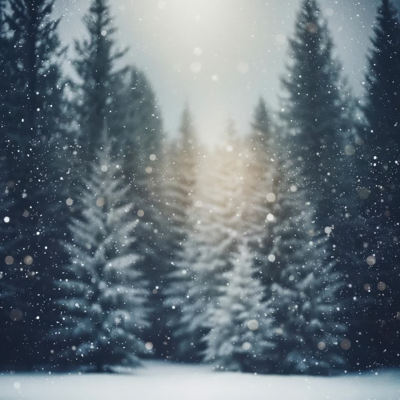 Snowy forest scene with tall trees, captured from a low angle, ideal for a winter video