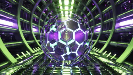 futuristic glowing hexagon sphere in a neon tunnel