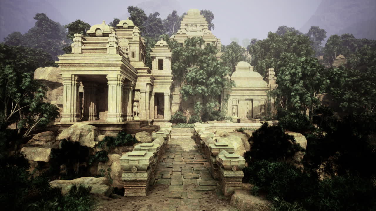 Mysterious ancient ruins surrounded by lush greenery in a serene landscape