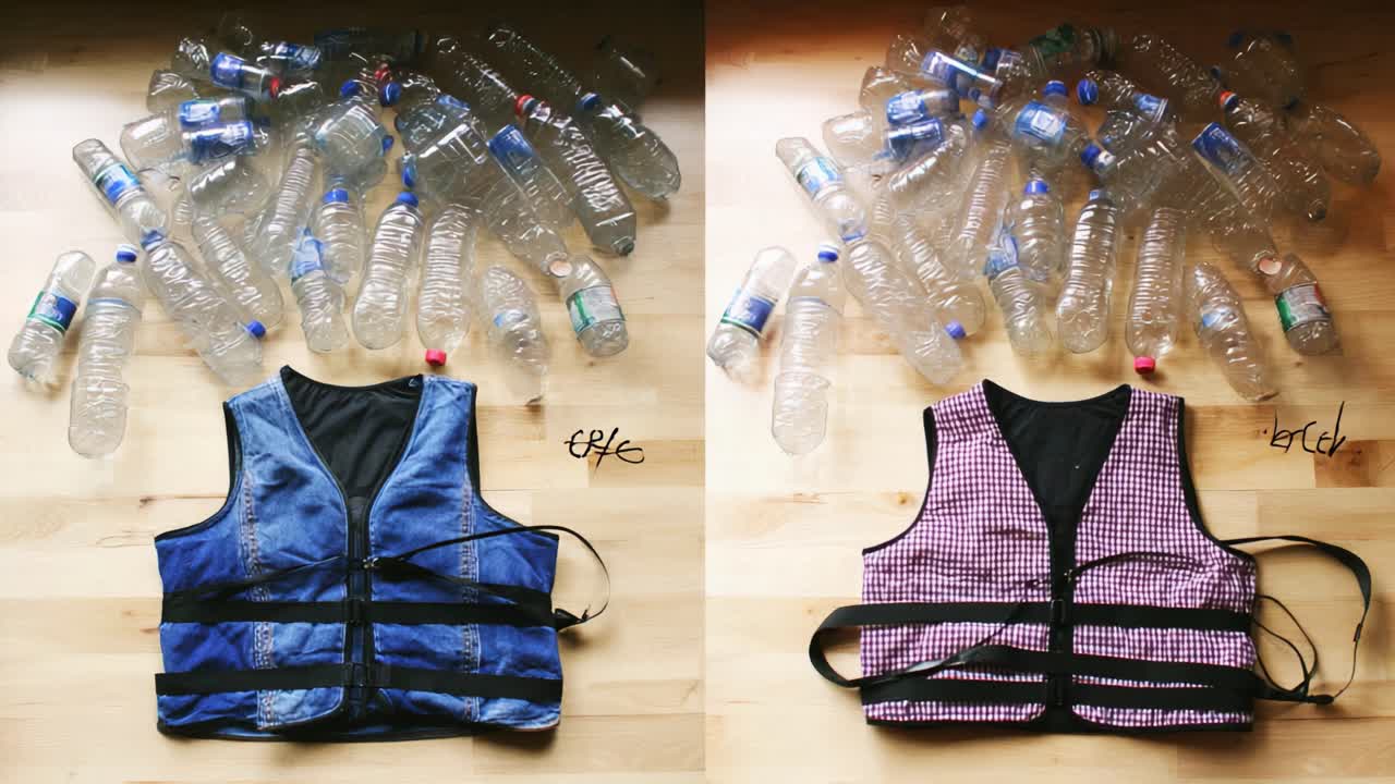A Visual Comparison of Two Distinct Vest Designs Surrounded by Discarded Plastic Bottles, Highlighting Environmental Concerns About Plastic Waste and Sustainability Issues